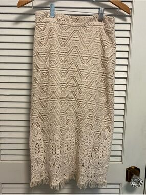 Maeve Anthropologie Cream Crochet Midi Pencil Skirt, boho, beach, sz 6